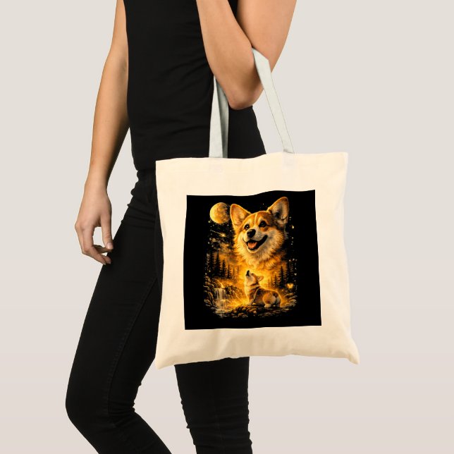 Bolsa Tote Corgi Engraçado Uivando para a Lua (Frente (produto))