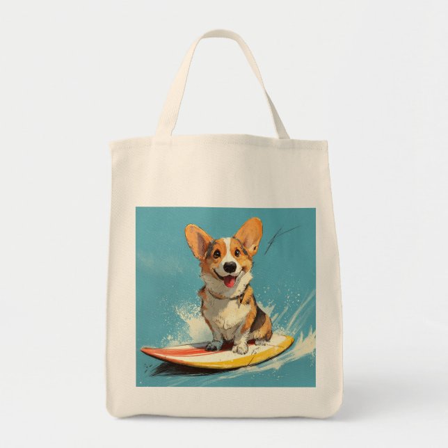 Bolsa Tote Corgi montado em prancha de surfe (Frente)