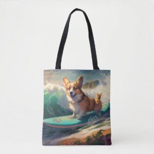 Bolsa Tote Corgi  Pintura de Surf na Praia