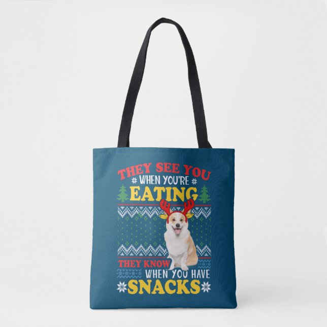 Bolsa Tote Corgi Ugly Christmas Eles veem que você está comen (Frente)