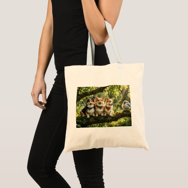Bolsa Tote Corgis e Pássaro (Frente (produto))