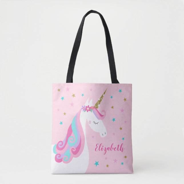 Bolsa Tote Corno de Unicórnio Glitter Rosa (Frente)