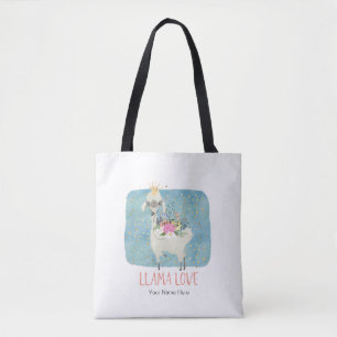 Bolsa Tote Coroa de Amor de Lhama Aquarela Fofa Kawaii Adoráv