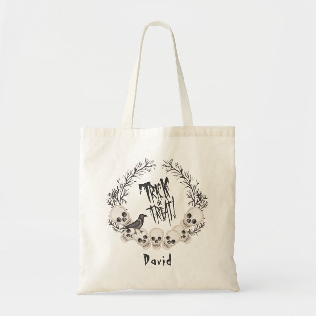 Bolsa Tote Coroa de Caveira Assustadora Corvo ou Doces (Frente)