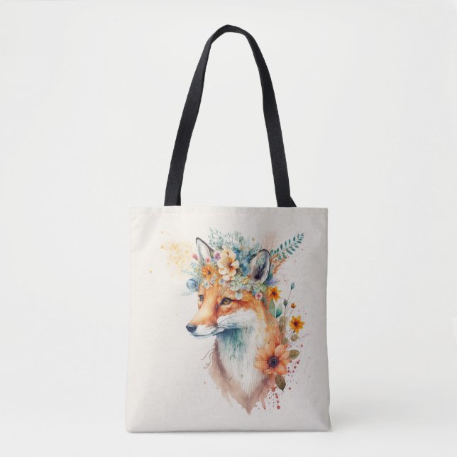 Bolsa Tote Coroa de Flor de Raposa Aquarela (Frente)