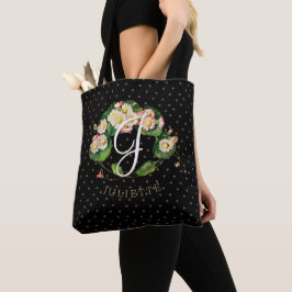 Bolsa Tote Coroa de Margaridas Monograma Preta Elegante Perso