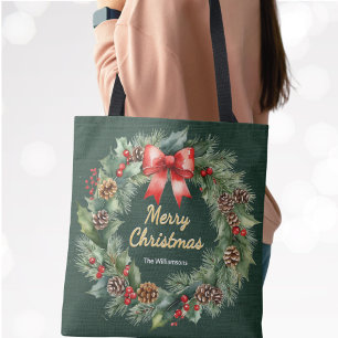 Bolsa Tote Coroa de Natal com Laço Vermelho Personalizada