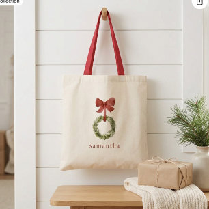 Bolsa Tote Coroa de Natal Escandinava com Laço Vermelho e Nom