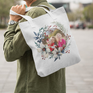 Bolsa Tote Coroa de Natal, flores brancas, fotografia de baga