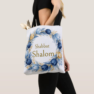 Bolsa Tote Coroa de Ouro Azul, Shabbat Shalom Aquarela Glam