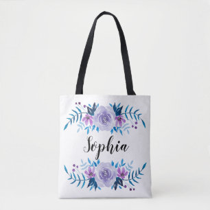 Bolsa Tote Coroa Floral Azul Roxo Aquarela com Texto Personal