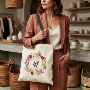 Bolsa Tote Coroa Floral Borgonha Inicial das Damas de Honra