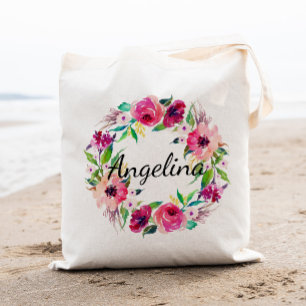 Bolsa Tote Coroa Floral Personalizada de Aquarela para Casame