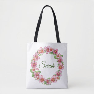 Bolsa Tote Coroa floral rosa e verde personalizada