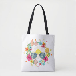 Bolsa Tote Coroa Floral Tropical Óculos de Sol Branco Lona To
