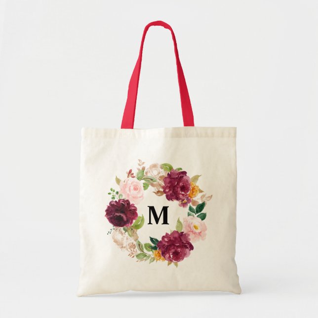 Bolsa Tote Coroa Monograma de Flor de Aquarela Boho Burgundy (Frente)