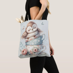 Bolsa Tote Coruja Adormecida em Xícaras de Chá Florais Empilh