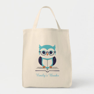 Bolsa Tote Coruja azul-branca com livro personalizado da bibl