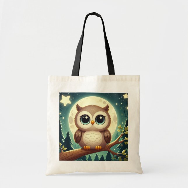 Bolsa Tote Coruja-bebê bonita à noite com lua (Frente)