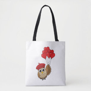 Bolsa Tote Coruja-Bonita Voando com Balões de Coração