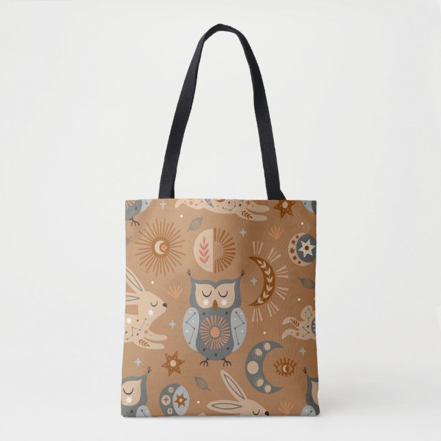 Bolsa Tote Coruja Celestial e Lebre: Padrão Místico (Frente)