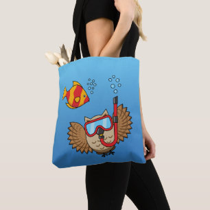 Bolsa Tote Coruja com Máscara Snorkel e Peixes Tropicais