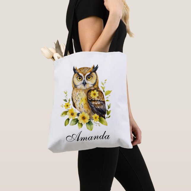 Bolsa Tote Coruja de Aquarela com Flores Amarelas (Close Up)