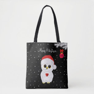 Bolsa Tote Coruja de Natal Branca em Preto