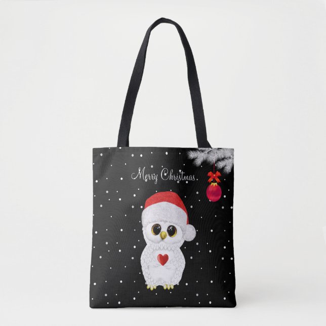 Bolsa Tote Coruja de Natal Branca em Preto (Frente)