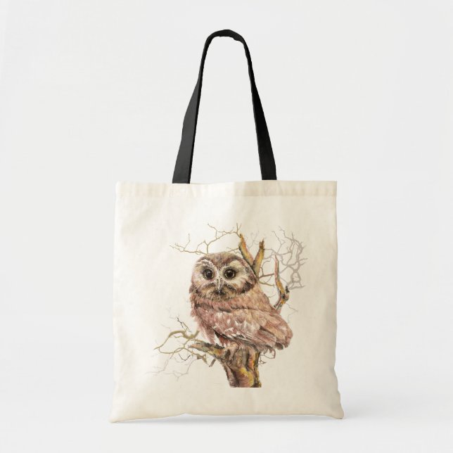 Bolsa Tote Coruja-de-Pé-branca-Aquarela, pássaro (Frente)