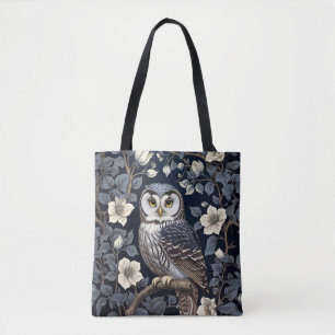 Bolsa Tote Coruja-do-norte Fofa e Flores da Lua em Azul-marin