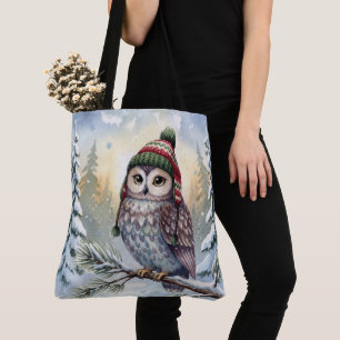 Bolsa Tote Coruja em Aquarela com um Chapéu de Inverno