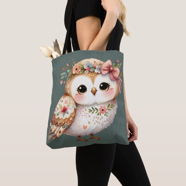 Bolsa Tote Coruja Floral Fofa com Laço (Close Up)
