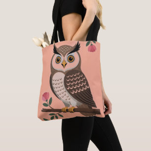 Bolsa Tote Coruja Marrom Estilizada em Galho com Flores Rosas