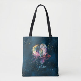 Bolsa Tote Coruja Mística Arco-Íris e Lua Cheia Celestial