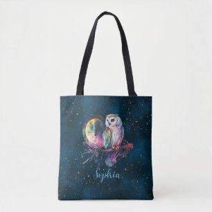 Bolsa Tote Coruja Mística Arco-Íris e Lua Cheia Celestial