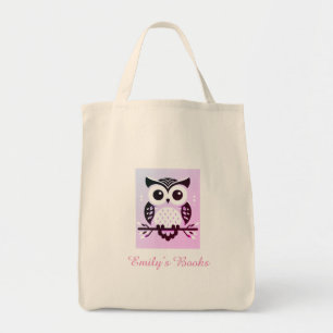 Bolsa Tote Coruja rosa no livro de biblioteca personalizado r