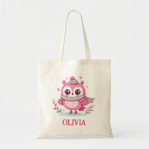 Bolsa Tote Coruja Rosa Pequena e Fofa Vestindo Cachecol e Cap