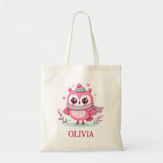 Bolsa Tote Coruja Rosa Pequena e Fofa Vestindo Cachecol e Cap (Frente)