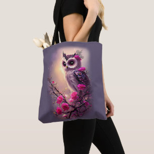 Bolsa Tote Coruja Roxa e Flores Rosa