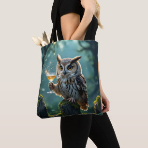 Bolsa Tote Coruja segurando um coquetel em uma floresta místi