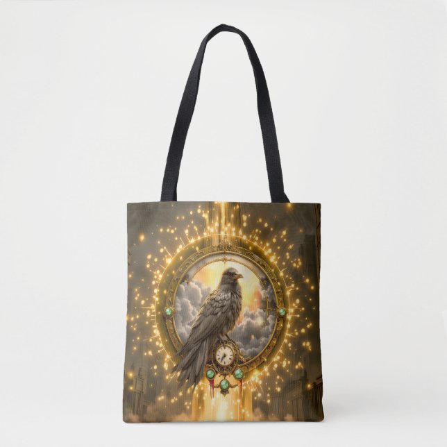 Bolsa Tote Corvo Guardião do Tempo – Relógio Gótico  (Frente)