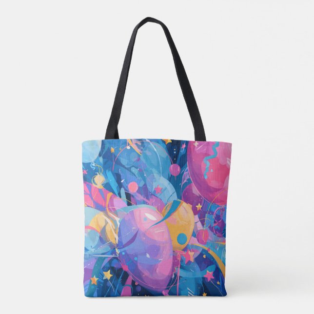 Bolsa Tote Cosmic Celebration: Abstract Floating Orbs and Sta (Verso)