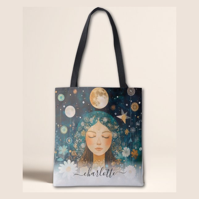 Bolsa Tote Cosmic Girl Boho Moon & Daisy Illustration Custom (Cosmic Girl Boho Moon & Daisy Illustration Custom Tote Bag)