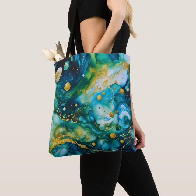 Bolsa Tote Cosmos Dourado de Álcool Verde Azul (Close Up)