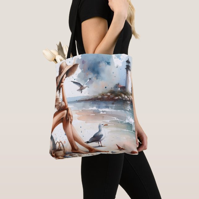 Bolsa Tote Costeira Beach Girl & Lighthouse (Close Up)