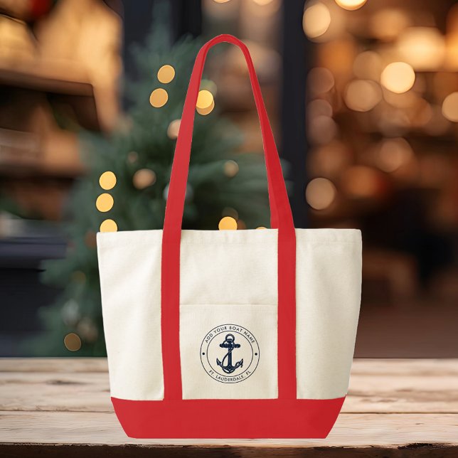 Bolsa Tote Costeira Personalizada do Nome do Barco Ancorante  (Nautical Anchor Custom Promotional Red Handles Tote Bag)