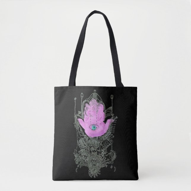 Bolsa Tote Cota Purple Hamsa Talmud em Preto (Frente)