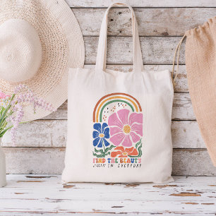 Bolsa Tote Cota Retro Boho Floral Rainbow Inspiration