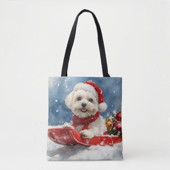 Bolsa Tote Coton De Tulear no Trenó Deixe Nevar Natal (Frente)